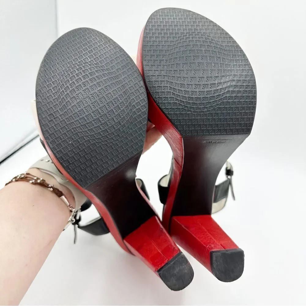Stuart Weizmann Black Red and White Wide Strap Platform Sandals with Ankle Strap